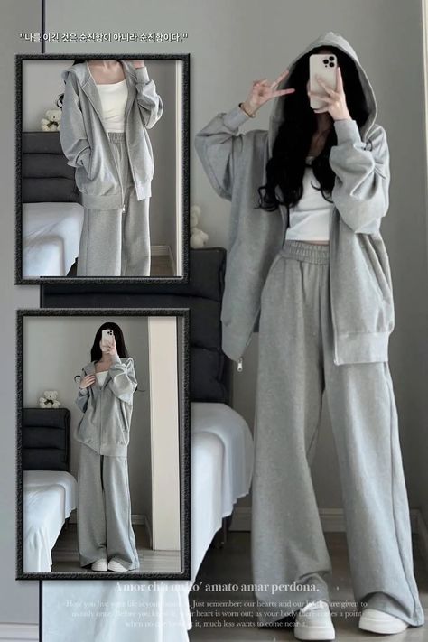 Lazy Korean Outfits, Korean Sweatpants Outfit, Lazy Outfits Aesthetic, Aesthetic Comfy Outfits, Outfits With Hoodies, Comfortable Outfits Lazy Days, Down Jacket Outfit, Korean Sweatpants, Hoodie Outfits Women