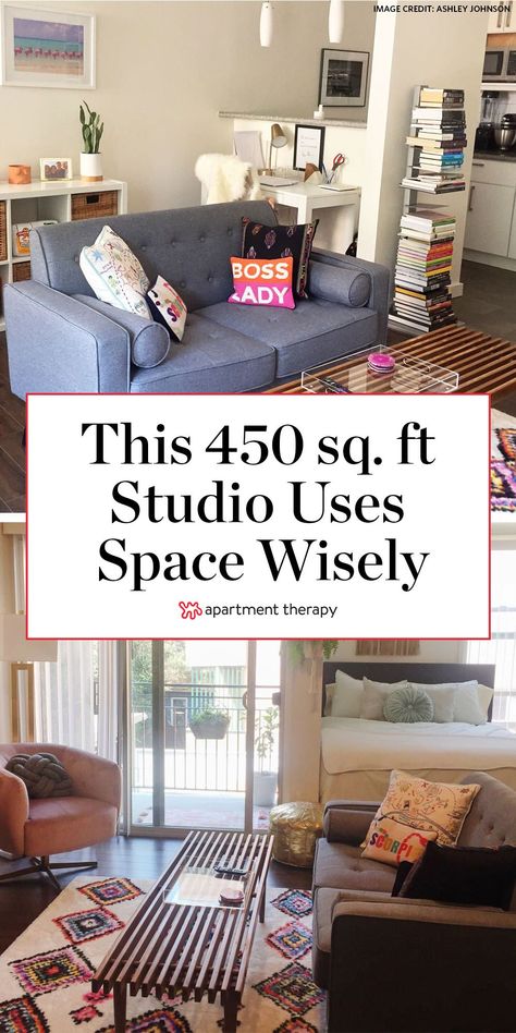 This 450 square foot studio uses space wisely, with lots of storage hacks. I House Tours by Apartment Therapy #studioapartment #smallspaces #studiolayout #studioideas #studioapartmentdecor #rentershacks #storageideas #smallspacestorage Tiny Studio Apartment Decorating, Apartment On A Budget, Small Studio Apartment Decorating, Tiny Studio Apartments, Studio Layout, Studio Apartment Living, Aesthetic Interior Design, Studio Apartment Design, Apartment Hacks