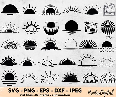 Sun Rise Sun Set Tattoo, Sunset Cricut Ideas, Sun Silhouette Tattoo, Sunrise Line Drawing, Sunset Stencil, Sunset Symbol, Sun Tattoo Men, Sunset Logo Design, Sunrise Clipart