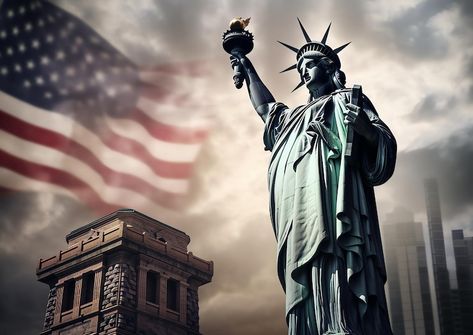 Premium Photo | Statue of liberty with an american flag in the background Statue Liberty, American Flag Background, Flag Background, Iconic Photos, Usa Flag, Premium Photo, Statue Of Liberty, American Flag, Flag