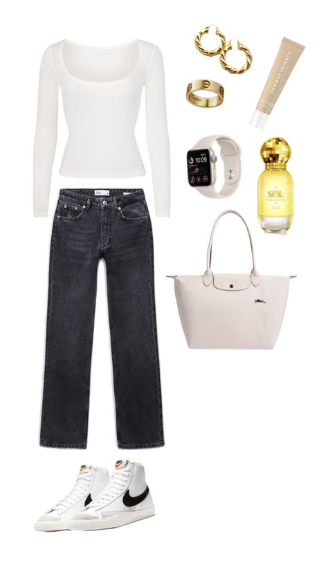 White Longchamp, Apple Watch Gold, Outfit Cream, Longchamp Outfit, Cream Outfit, Longchamp Bag, Outfit White, White Outfit, Zara Jeans