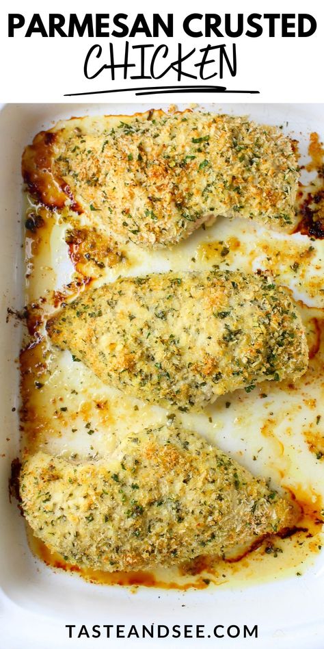 A 9x13 baking dish with three Parmesan crusted chicken breasts cooked until golden and delicious. Parmesan Crusted Chicken No Bread Crumbs, Hellmans Chicken Parmesan, Quick Simple Chicken Dinners, The Best Chicken Parmesan Recipe, Bjs Parmesan Crusted Chicken Recipe, Parmasean Garlic Chicken Recipe, Parmasean Chicken Recipe Baked, Chicken Breast Parmesan Recipe, Top Recipes On Pinterest Most Popular