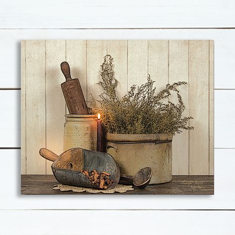 Rustic Country Kitchen, Rustic Primitive Decor, Antique Crocks, Rustic Country Kitchens, Wine Wall Art, Vintage Farmhouse Kitchen, Primitive Kitchen, Country Cooking, Primitive Decorating Country