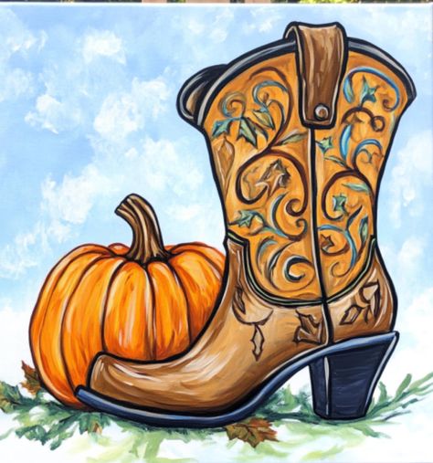 Pumpkin N Boots pre drawn onto a stretched canvas, with wood frame back. Host a Fall paint n sip party. A great canvas for a Thanksgiving activity with family and friends. Paint kit includes canvas, paint, brushes and a disposable apron. Turkey Canvas Painting For Kids, Fall Canvas Painting Ideas Couples, Thanksgiving Canvas Painting Ideas, Fall Paint And Sip Ideas, November Painting Ideas, Thanksgiving Art Painting, Fall Scenery Painting, Thanksgiving Paintings On Canvas Easy, Thanksgiving Window Painting