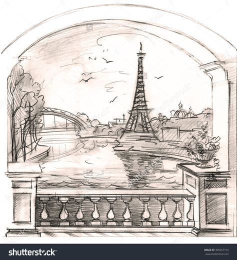 Architecture Drawing Easy Simple, Architectural Landscape Drawing, Graphic Design Drawing Sketch, Fantasy City Sketch, Landscape Drawing Ideas Sketch, Views To Draw, Paris Sketch Pencil, Graphic Drawing Sketches, Paris Drawing Sketches