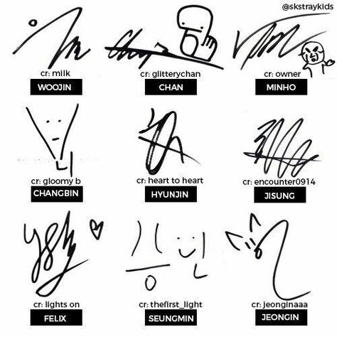 Straykids signatures  Kyaa~ ma goodness Chan's signature is so cute it looks like a dinosaur ah I'm soft~ Kpop Signature, Stary Kids, Bahasa Korea, Kids Groups, Facts For Kids, Skz In Cute, Savage Kids, Tattoos For Kids, Kid Memes