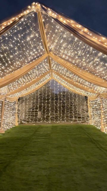 Canopy With Lights Outdoor Party, Tent With Draping And Lights, Outside Party Lights, Sweet Sixteen Party Ideas Tent, Twinkle Lights Birthday Party, Lights Party Decorations, 18th Backyard Party, Backyard Tent Birthday Party, Diy Tent Party