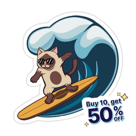 Decorate laptops, Hydro Flasks, cars and more with removable kiss-cut, vinyl decal stickers. Glossy, matte, and transparent options in various sizes. Super durable and water-resistant. A surfing siamese cat! Cat Surfing, Cat Stickers, Siamese Cats, Decorate Laptops, Vinyl Decal Stickers, Kiss Cut, Vinyl Decal, Surfing, Water Resistant