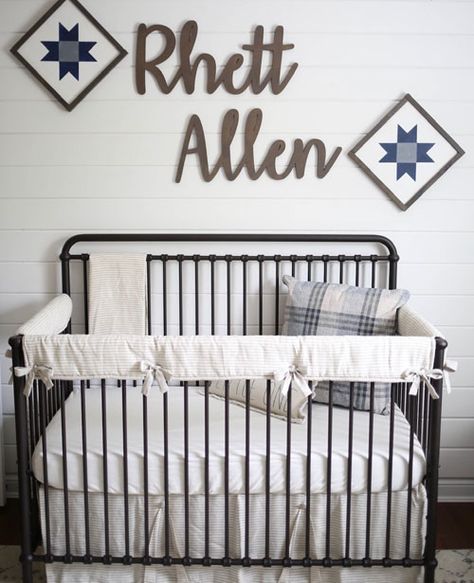 Love the combination of shiplap and quilt inspired art in this rustic farmhouse nursery. Rhett Name, Farmhouse Nursery Furniture, Rustic Baby Boy Nursery, Nursery Farmhouse, Nursery Rustic, Nursery Ideas Boy, Farmhouse Nursery Decor, Paint Themes, Nursery Boho