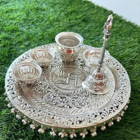 Comment PP to get link to buy German silver antique pooja set 🌞 by @rangrata_ 💜 Description 1- thali 11" inch 1- bell 1- diya 1.lutiya 2- bowl ✅ Guaranteed never gets black. free shipping PAN INDIA 🇮🇳 Ready to ship Silver Pooja Items Set, Nail References, Silver Utensils, Green Suit Men, Vintage Indian Jewelry, Pooja Thali, Pooja Items, Silver Pooja Items, Gold Jewellry