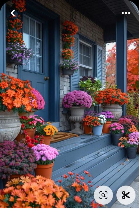 Pumpkin Decorations Outdoor, Fall Mums Porch Front Steps, Flowers On Porch, Mums Decor, Yard Fall Decor, Front Yard Christmas, Fall Deck Decorating Ideas, Pumpkin Porch, Candy Photoshoot