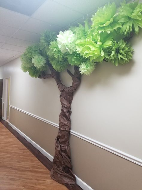 Paper Trees On Wall, Diy Tree Classroom, Diy Rain Forest Decorations, Diy Paper Tree Classroom, Forest Vbs Decorations, Fake Trees Diy, Zoomerang Vbs Decor, 3d Tree On Wall Classroom, How To Make A Tree For Classroom