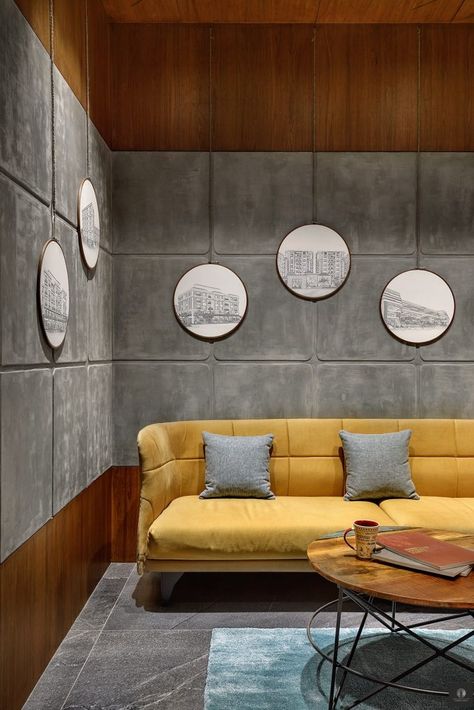 Vihan Buildcon Office Is The Basic Unison Of Veneer And RCC texture | Design Studio - The Architects Diary Diary Vintage, Office Cabin Design, Unique Sofa, Wall Design Ideas, Office Interior Design Modern, Wall Panel Design, Sofa Sets, Cabin Design, Office Interior Design