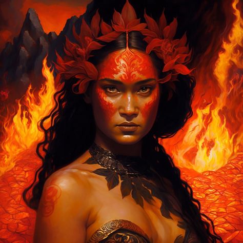 Pele — The Paganista Pele Fire Goddess Hawaii, Pele Goddess Art, Polynesian Aesthetic, Taino Goddess, Pele Goddess, Goddess Pele, Fire People, Hawaiian Mythology, Goddess Of Fire