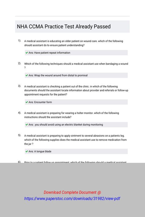 NHA CCMA Practice Test Already Passed 
 A medical assistant is educating an older patient on wound care. which of the following should assistant do to ensure patient understanding?Which of the following techniques should a medical assistant use when bandaging a wound ?A medical assistant is checking a patient out of the clinic. In which of the following documents should the assistant locate information about provider and refe Medical Assistant Test Prep, Ccma Medical Assistant, Nha Medical Assistant Exam, Medical Assistant Notes, Medical School Motivation, Student Hacks, Exam Prep, Wound Care, Medical Assistant