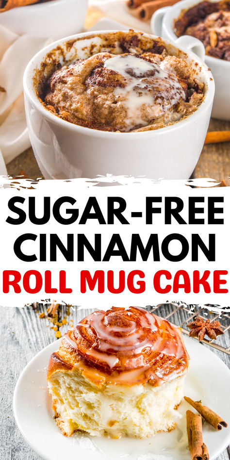 Enjoy a sugar-free cinnamon roll mug cake that tastes just as delicious as Cinnabon without the added sugar guilt. This easy-to-make treat is perfect for those monitoring their carb and sugar intake, offering a delightful and satisfying dessert in just two minutes. Create this classic favorite with zero grams of added sugar and relish the ooey-gooey goodness of a cinnamon roll without the sugar spike. Cinnamon Desserts Healthy, Low Calorie Desserts Easy, Low Calorie Sweet Snacks, Cinnamon Roll Mug Cake, Sugar Free Desserts Easy, Easy Mug Cake, Low Sugar Desserts, Cream Cheese Desserts, Sugar Free Cake