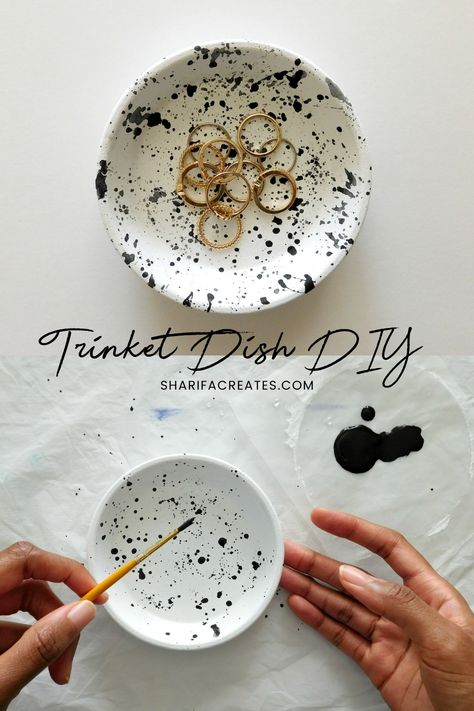 Diy Dishes Painting, Diy Ring Holder Dish, Diy Painted Jewelry Dish, Clay Catch All Dish Diy, Pottery Painting Jewelry Holder, Diy Ceramic Jewelry Dish, How To Paint Clay, Polymer Clay Jewelry Dish, Polymer Clay Trinket Dish Diy