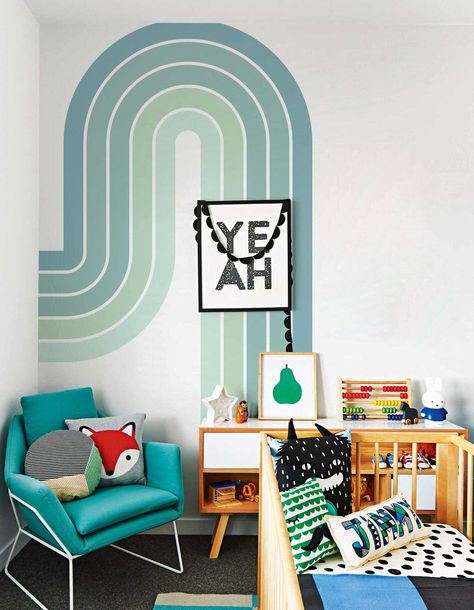 "Generous over-sized Half, Elongated, Curve Rainbow Wall Decal.  Perfect accent for any room in your home or office.  Your little one or YOU will be in love with this whimsical collection.  The color and detail are truly amazing.   Choose your size and orientation. See below for newly painted rooms, textured walls and more - this is important information. Choose your size and orientation : * Small 20\" wide x 36\" high * Medium 25\" wide x 50\" high * Large 36\" wide x 70\" high * X-Large 50\" w Wall Mural For Playroom, Playroom Feature Wall Paint, Boy Mural Wall, Colourful Accent Wall, Painted Playroom Walls, Playroom Wall Design, Painting Rainbows On Walls, Boy Nursery Colorful, Playroom Wall Paint