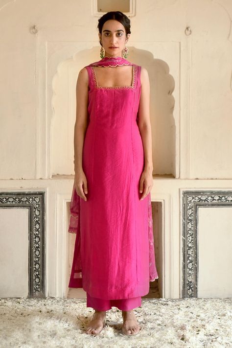 Kurta Set From Saree, Pink Slub Silk Dupatta For Party, Pink Cotton Silk Party Kurta, Pink Party Kurta In Cotton Silk, Party Pink Cotton Silk Kurta, Pink Fitted Cotton Silk Dress, Pink Slub Silk Dress For Diwali, Pink Slub Silk Dress With Dupatta, Festive Pink Slub Silk Dress