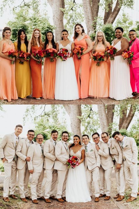 I am obsessed with these wedding party photos taken for this tropical themed wedding in Minneapolis! I love how the bridesmaids all wore different styles of dresses with varying vibrant colors. The dresses all correlated with the colors in the bridal bouquets! The groomsmen all matched with the groom in their tan suits and tropical ties. Check out our blog for more details from this wedding! Sunset Wedding Groomsmen, Sunset Wedding Colors Groomsmen, Colorful Wedding Groomsmen, Tropical Wedding Bridesmaid Dresses, Sunset Wedding Theme, Sunset Wedding Colors, Tropical Themed Wedding, Tan Suits, Bermuda Wedding