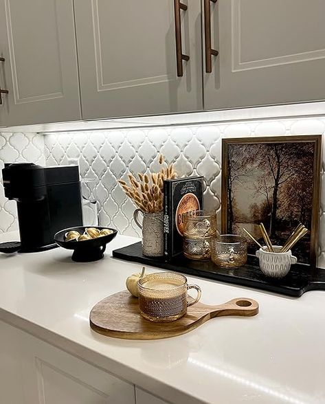 Donna Delaine Home's Amazon Page Coffee Corner In Kitchen Countertops, Coffee Bar Kitchen Counter Ideas, Kitchen Countertop Corner Ideas, Coffee Corner On Countertop, Corner Of Kitchen Counter Ideas, Countertop Styling Kitchen Counters, Coffee Bar Countertop Ideas, Coffee Station Styling, Fall Kitchen Countertop Decor