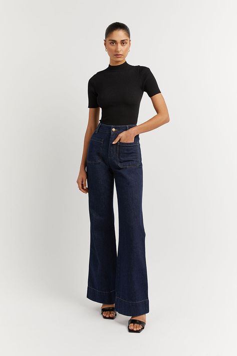 PERI INDIGO DENIM WIDE LEG JEAN | Dissh Wide Dark Blue Jeans Outfit, Dark Denim Jeans Outfit Aesthetic, Dark Blue Wide Leg Jeans Outfit, Dark Wide Leg Jeans Outfit, Indigo Jeans Outfit, Dark Wide Leg Jeans, Wide Leg Jeans Dark Blue, Dark Denim Jeans Outfit, Autumn Pie