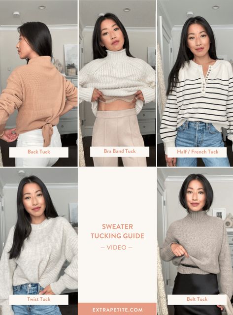 Cable Knit Sweater Tuck, Big Sweater Hacks, Too Big Sweater Hack, Sweater Too Big Hacks, Sweater Office Outfits, Puff Sleeve Sweater Outfit, Petite Office Outfits, Sweater Tuck Hack, Layered Sweater Outfits