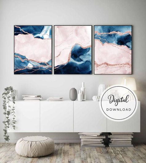 India Bedroom, Room Futon, Modern Bedroom Wall Art, Royal Office, Blue And Pink Living Room, Blush Living Room, Rose Gold Wall Art, Modern Bedroom Wall, Blue And Pink Bedroom