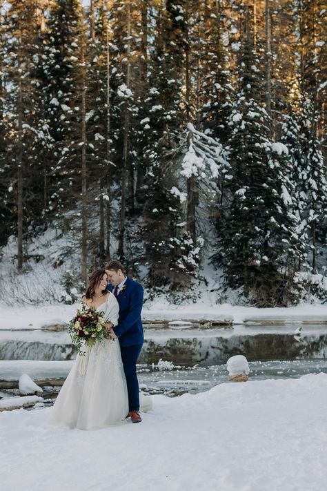 See more of this intimate winter destination wedding in the mountains at Emerald Lake Lodge on the blog! Mountain wedding inspiration. Beautiful  outdoor winter wedding with emotional first look with Bride & Groom & first look with bride & her Dad. Bride wearing gorgeous Kitty Chen Couture wedding gown. Rocky Mountain Elopement. National Park wedding. Winter Wedding Dress Mountains, Snow Mountain Wedding, Winter Wedding Outdoor, Winter Wedding Pictures, Mountains In Winter, Snowy Elopement, Emerald Lake Lodge, Mountain Destination Wedding, Winter Mountain Wedding