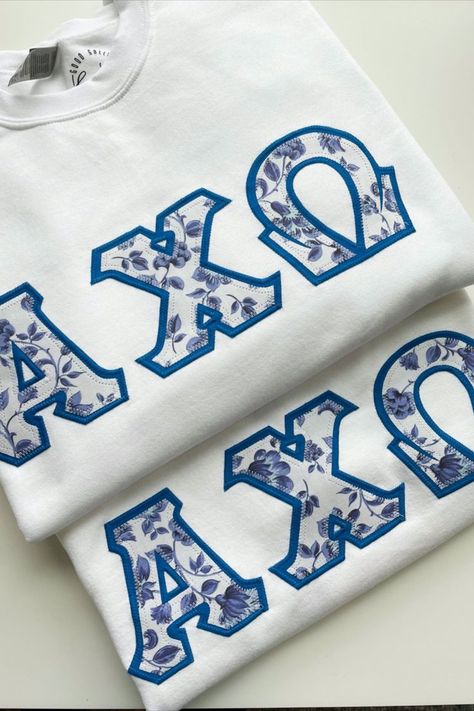 Sorority Stitched Letters, Alpha Chi Omega Shirts, Sorority Shirts Letters, Big/little Baskets, Sorority Family, Stitched Letters, Greek Letter Shirts, Stitch Letters, Big Little Basket