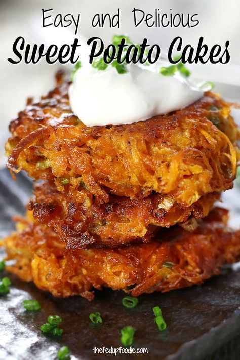 Sweet Potato Cakes recipe is a fun twist off of Sweet Potato Latkes. Made with feta, dill and smoked paprika, these are delicious for breakfast or dinner. Top with sour cream and chives for a delicious side dish.  #SweetPotatoRecipes #SweetPotatoPatties  https://www.thefedupfoodie.com Sweet Potato Cakes, Sweet Potato Latkes, Sweet Potato Patties, Best Sweet Potato, Sweet Potato Fritters, Clean Eating Vegetarian Recipes, Sweet Potato Cake, Potato Patties, Sweet Potato Pancakes