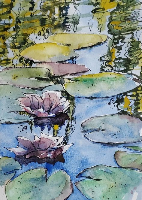 Beautiful water lilies in bloom Water Paint Art, Ink And Wash, Ink And Watercolour, Pen And Wash, Watercolor Pictures, Watercolour Inspiration, Hur Man Målar, Landscape Art Painting, Ink In Water