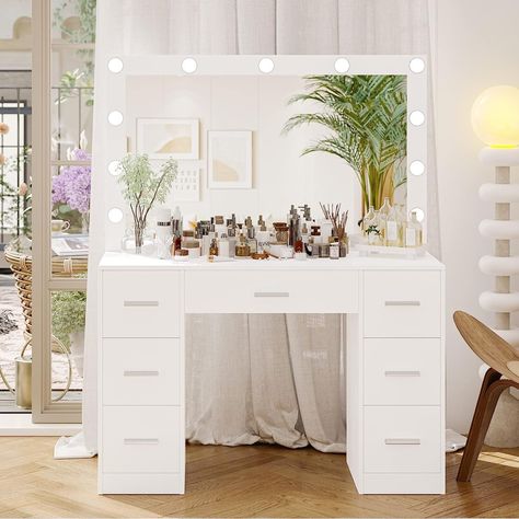 Bedroom Vanity Desk, White Vanity Desk, Dressing Table With Drawers, Table Makeup, Makeup Stool, Elegant Vanity, Drawers Bedroom, Vanity Benches, Color Lighting