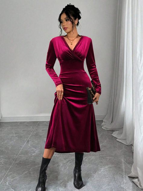 V-Neck Long Sleeve Solid Color Minimalist Long Velvet Dress Burgundy Elegant  Long Sleeve Knitted Fabric Plain A Line High Stretch  Women Clothing, size features are:Bust: ,Length: ,Sleeve Length: Winter Dresses Midi, Long Velvet Dress, Lace Lanterns, Sleeved Velvet Dress, Color Minimalist, Wedding 2025, Cocktail Evening Dresses, Date Night Dresses, Maxi Dress Party