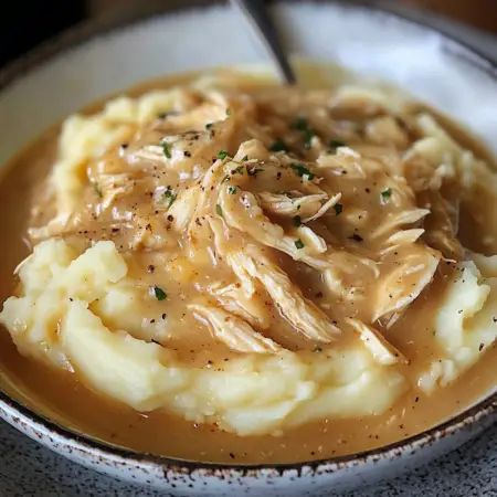 Shredded Chicken Mashed Potatoes And Gravy, Creamy Chicken Gravy Over Mashed Potatoes, Savory Slow Cooker Chicken With Gravy, Smothered Chicken And Mashed Potatoes, Mashed Potato Meal Prep, Shredded Chicken Over Mashed Potatoes, Creamy Chicken And Mashed Potatoes, Stovetop Chicken And Gravy, Chicken And Gravy In Crockpot