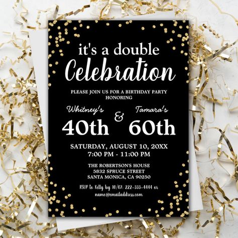 Adult Joint Birthday Party | Black Gold Glitter Invitation - birthday invitation Multiple Celebration Invitation, 70th Invitation Ideas, Birthday Invitations 40th, Combined 30th And 60th Birthday, Couples Birthday Party Ideas, Double Birthday Invitations, Dual Birthday Party Themes, Double Birthday Party Ideas, Double Celebration Invitation