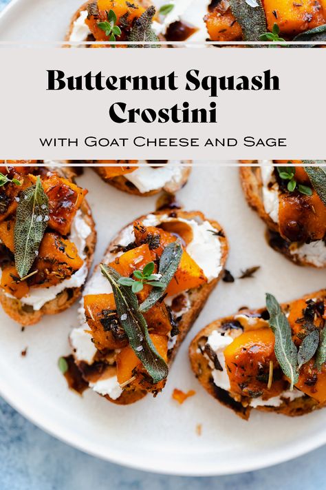 Butternut Squash Crostini with Goat Cheese and Fig Balsamic Glaze - delicious, savory, crunchy, appetizer, or snack. 40 mins to make, simple, and so easy to make vegan. Topped with balsamic fig preserves glaze. #butternutsquah #crostini #sage #balsamic #figpreserves #goatcheese via @healthfulideas Pomegranate Crostini, Squash Crostini, Squash Appetizers, Butternut Squash Toast, Squash Toast, Fall Appetizer, Cheese Crostini, Goat Cheese Crostini, Crostini Appetizers