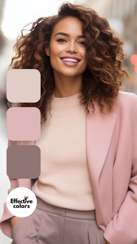 Light Colors Winter Outfit, Unique Colour Combinations Clothes, Color Palette For Cool Skin Tone, Taupe And Pink Outfit, Pink Outfits For Work, Color Outfits Combinations, Pink Burgundy Outfit, Mauve Outfit Ideas Color Combos, Pink Color Palette Outfit