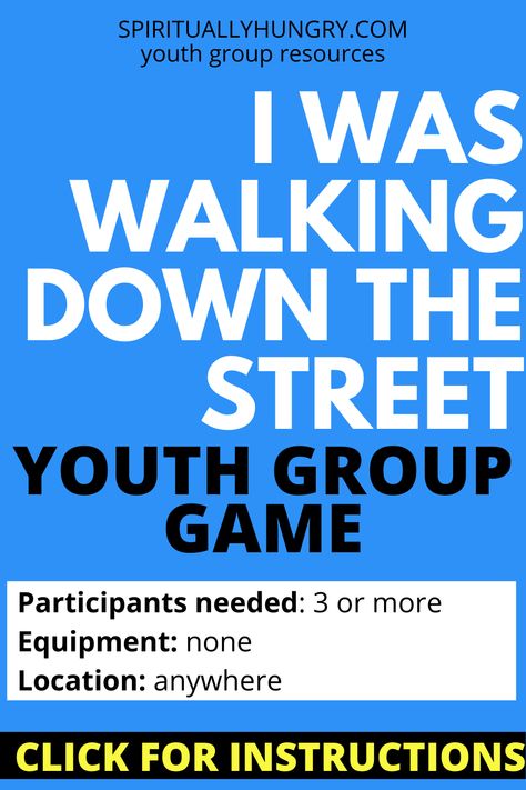 The classic improvisation game I was walking down the street is perfect for any youth group gathering, either as an ice breaker or the main event game! via @alexiswaid Middle School Sunday School Games, Lock In Games Youth, Games For Middle Schoolers Group, Youth Church Activities, Games For Youth Groups Church, Church Games For Youth, Youth Night Ideas Church, Games For Meetings, Ice Breaker For Teens