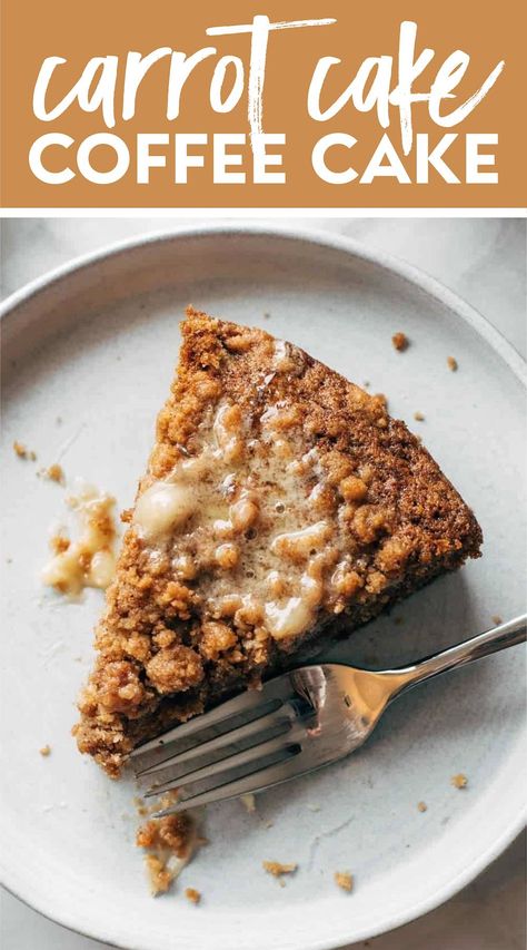 Carrot Cake Coffee Cake! A super easy batter loaded with shredded carrots, topped with a thick crumbly cinnamony streusel, and finished with a melty sweet honey butter. #carrotcake #coffeecake #dessert Crumb Cakes, Cake Coffee, Shredded Carrots, Savory Cakes, Coffee Cakes, Coffee Cake Recipes, Honey Butter, Sauce Tomate, Savoury Cake