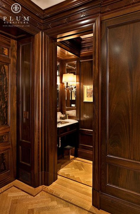 mahogany paneled bathroom - there's an interior for you... Mahogany Interior Design, Mahogany Walls, Paneled Bathroom, Mahogany Room, Classic Interior Decor, Mahogany Interior, Beautiful Room Designs, Paneled Walls, Mahogany Paneling