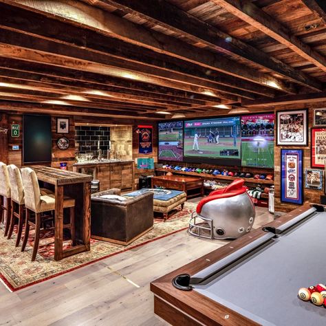 High Ceiling Basement, Antique Basement Ideas, Classy Sports Basement, Sports Bar Basement Ideas, Barndominium Basement, Cool Basements, Large Basement Ideas Layout, Basement Sports Bar Ideas, Sports Basement Ideas