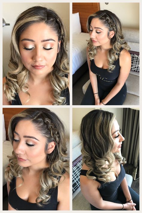 Hair Curled With Braid On Side, Bridesmaid Hair With Braid Down, Bridesmaid Hairstyles Side Clip, Curled Hair With Side Pinned Back Braid, Formal Hair Down With Braid, Side Braid Down Hairstyles, Bridesmaid Hair Ideas Down With Braid, Hairstyles For Madrinas, Side Braid Hair Down Curls