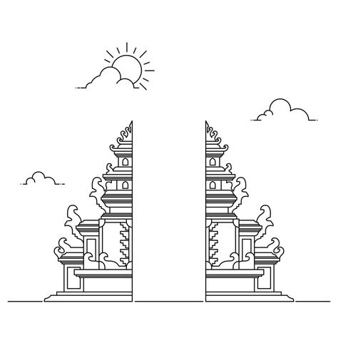 Simple Line Hindu Temple Gate Background Illustration Bali Temple Illustration, Hindu Temple Illustration, Bali Drawing Art, Bali Illustration Art, Bali Temple Tattoo, Gapura Bali Vector, Temple Doodle, Gapura Design, Gapura Bali