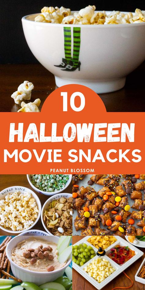 Make these easy Halloween snacks for nibbling while watching a Halloween movie with the kids. Delicious and simple treats for any Halloween party. Snacks For Halloween Movie Night, Movie Marathon Snacks, Marathon Snacks, Halloween Movie Night Snacks, Snacks For Halloween, Snacks For Movie Night, Apples Peanut Butter, Movie Treats, Sweet And Salty Snacks