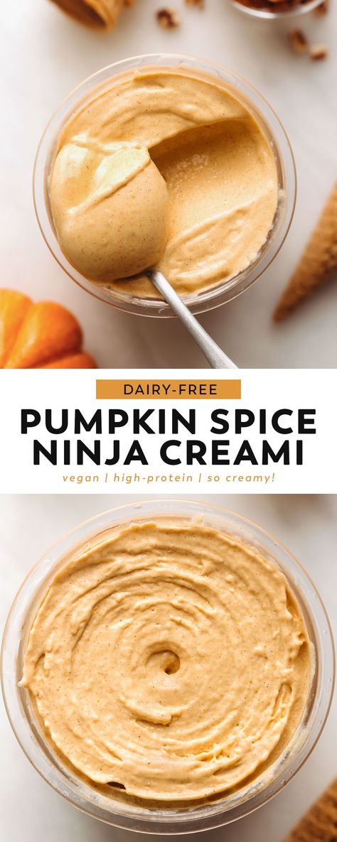 My favorite high-protein frozen fall dessert! This ninja creami pumpkin ice cream is dairy-free, fruit-sweetened, and full of warm cozy pumpkin spice. Mix-in a handful of nuts or granola for an instant pumpkin pie (but healthy) experience! Dairy Free Ninja Creami, Ice Cream Maker Recipes Healthy, Pumpkin Ice Cream Recipe, Pumpkin Spice Ice Cream, Ninja Ice Cream Recipe, Pumpkin Pie Ice Cream, Healthy Ice Cream Recipes, Healthy Pumpkin Pies, Vegan Pumpkin Spice