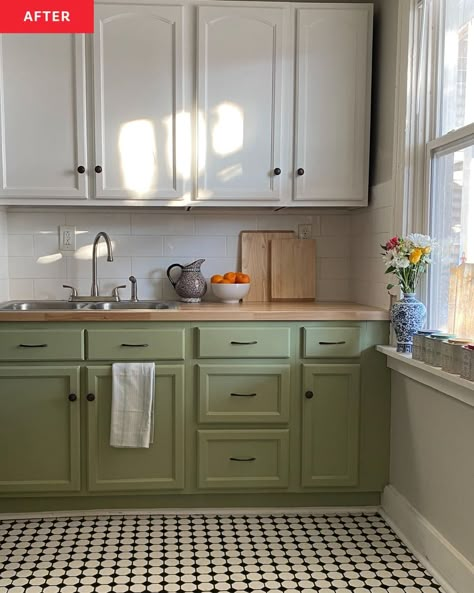 A kitchen with green and white cabinet and black and white tile floors. Best Kitchen Organization, 90s Kitchen, Cafe Vibes, Kitchen Organization Hacks, White Kitchen Tiles, Green Kitchen Cabinets, Parisian Cafe, Brown Kitchens, Kitchen Remodel Ideas