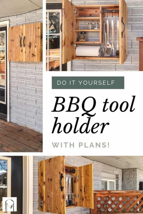 Bbq Tool Holder Diy, Bbq Wall Storage, Barbeque Utensil Storage, Outdoor Cooking Storage Ideas, Outdoor Grill Storage Ideas, Rustic Grill Station, Grilling Utensil Storage, Grill Storage Cabinet, Bbq Cabinet Ideas