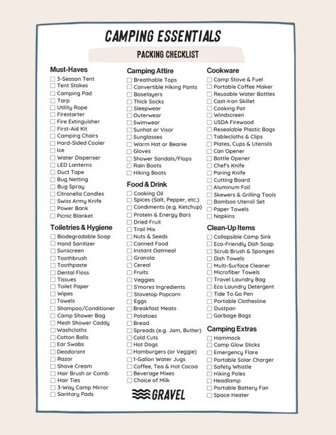 Gravel Camping Packing List.pdf Printable Camping List Packing Checklist, Pack For Cabin Trip, Overnight Camping Packing List, Camping Must Haves Packing Lists, Things To Take Camping, Packing List Free Printable, Camping Equipment List, Tent Camping Checklist, Camping Checklist Printable