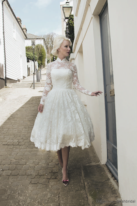 Plus Size Sheer High Neck Wedding Dresses With Long Sleeves 2014 Elegant Tulle Ball Gowns Lace Appliques Short Tea Length Bridal Dress Tea Length Wedding Dresses Lace, Tea Length Wedding Dress Vintage, Bridal Party Gowns, Vintage Inspired Wedding Dresses, High Neck Wedding Dress, Tea Length Wedding, Bridal Ball Gown, Long Sleeve Wedding Dress Lace, Lace Wedding Dress Vintage